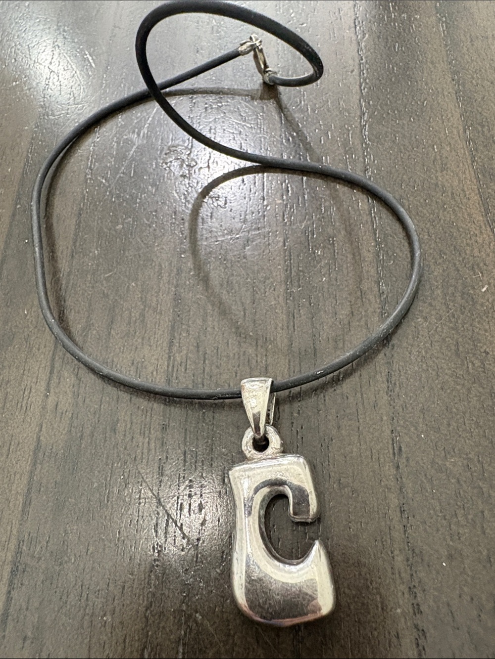 Sterling Silver Letter C Pendant Necklace on Black Cord